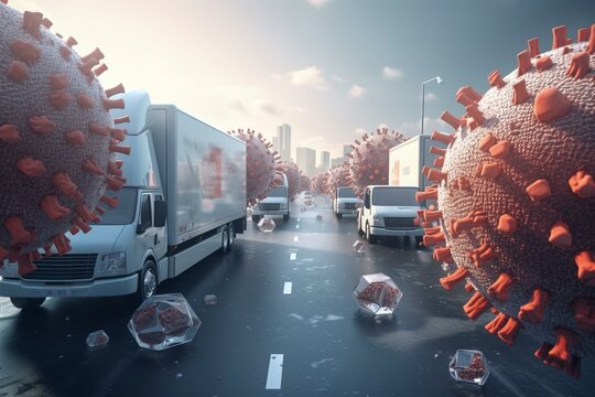 The image depicts the connection between COVID and logistics with 3D graphics of viruses and the word logistics. Ten keywords include COVID, logistics, pandemic, virus, transportation,. Generative AI