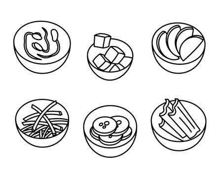 Korean traditional pickled apetizer snack set. Kimchi, bean sprout, pickle doodle food black and white illustration.