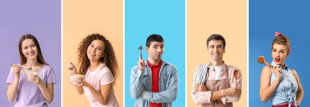Group of young people with spoons on color background