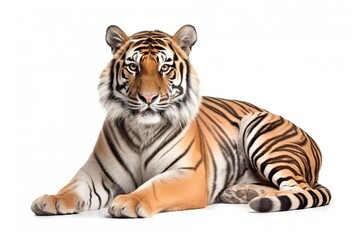 portrait of tiger sitting resting isolated on white background, generative ai