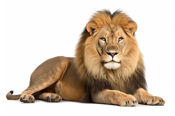 Fototapeta premium portrait of lion panthera leo sitting and resting full body isolated on white background, front view, generative ai