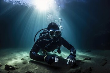 Photo of a scuba diver exploring the underwater world with a flashlight, created with Generative Ai Technology