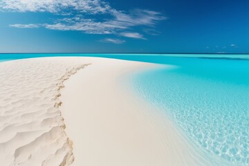 Fototapeta na wymiar A white sandy beach with blue water and a blue sky, created with Generative Ai Technology