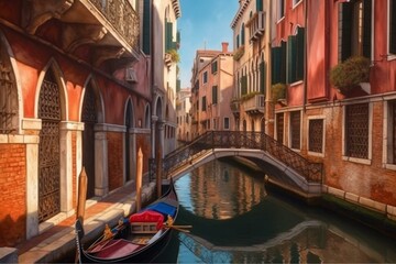 Fototapeta na wymiar Stunning oil painting depicting charming canal in Venice with boats, old buildings, and bridge. Typical Venetian scene. Generative AI