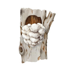 lions mane mushroom on a tree trunk. Watercolor illustration. Hand painted Hericium erinaceus fungus element. Lions mane medicinal mushroom growing on a tee image. Isolated on white background © anitapol