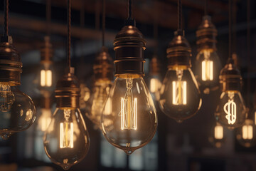 Fototapeta na wymiar Edison Style Light Bulbs Hanging in Cafe , Generative AI 