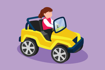 Character flat drawing adorable little girl driving big electric toy car. Pretty little girl having fun while driving toy car. Kids driving small car at playground. Cartoon design vector illustration