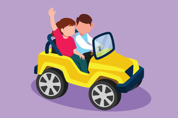 Graphic flat design drawing children driving big electric toy car. Cute little boy and girl having fun while driving toy car. Kid trip in small car at amusement park. Cartoon style vector illustration