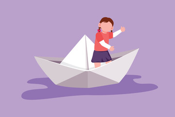 Graphic flat design drawing cute little girl sailing on paper boat. Happy pretty kids having fun and playing sailor in imaginary world. Children playing paper boat. Cartoon style vector illustration
