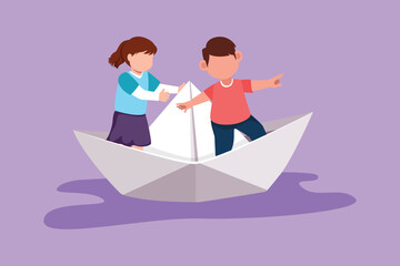 Graphic flat design drawing cute little boys and girls floating on paper boat on small lake at city park. Happy kids having fun and playing sailor in imaginary world. Cartoon style vector illustration