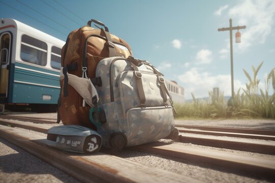Public transportation equipped with baggage and summer gear, ideal for beach outings. Rendered in 3D. Generative AI