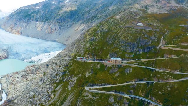 Switzerland, aerial view of Furka pass - high mountain pass in the Swiss Alps with Rhone Glacier (Rhonegletscher) on a summer day
