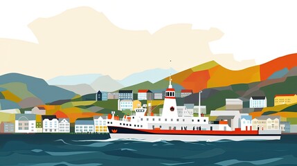 Fototapeta premium illustration of coastal village with ship and seascape, Generative Ai