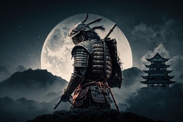 A samurai standing in front of a full moon, created with Generative Ai Technology