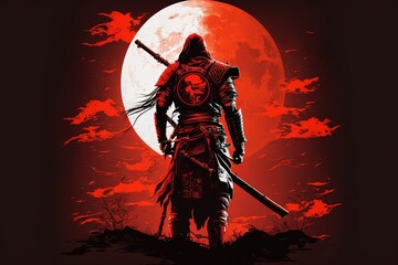 samurai warrior with a sword under red moon, created with Generative Ai Technology