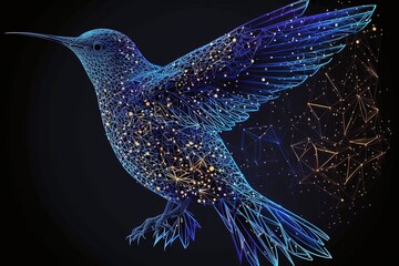 Abstract image of a Colibri in the form of a starry sky or space, consisting of points, lines, and shapes in the form of planets, stars and the universe created with Generative Ai Technology