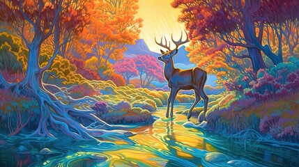 illustration of a stag walking at riverside in woods, Generative Ai
