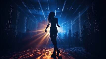 Plakat sexy woman dancing in nightclub with flashlight in dark room, Generative Ai
