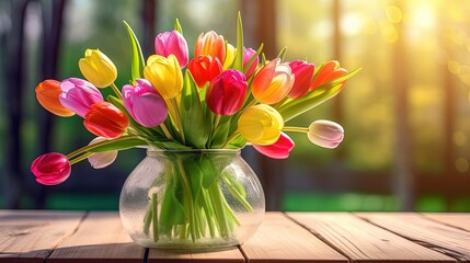 tulips flower bouquet on wooden plank with nature landscape, Generative Ai