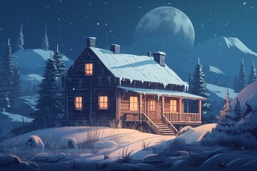 Flat winter cabin illustration ideal for print, banners, cards, and invitations. Generative AI