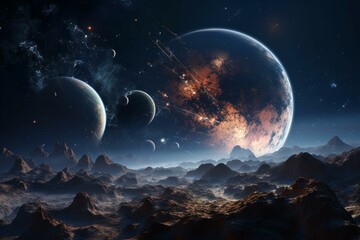 Sci-fi wallpaper featuring planets and galaxy with an emphasis on astronomy, the study of the universe. Generative AI
