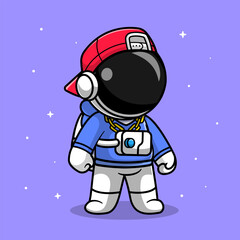 Cute Cool Astronaut Wearing Hoodie And Cap Cartoon Vector Icon Illustration. Science Technology Icon Concept Isolated Premium Vector. Flat Cartoon Style