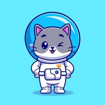 Cute Cat Astronaut Standing Cartoon Vector Icon Illustration. Animal Science Icon Concept Isolated Premium Vector. Flat Cartoon Style