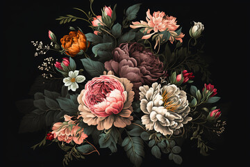 A painting of a bouquet of flowers on a black background, created with Generative Ai Technology