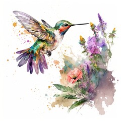A watercolor painting of a hummingbird and flowers, created with Generative Ai Technology