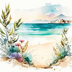 A watercolor painting of a beach scene, created with Generative Ai Technology