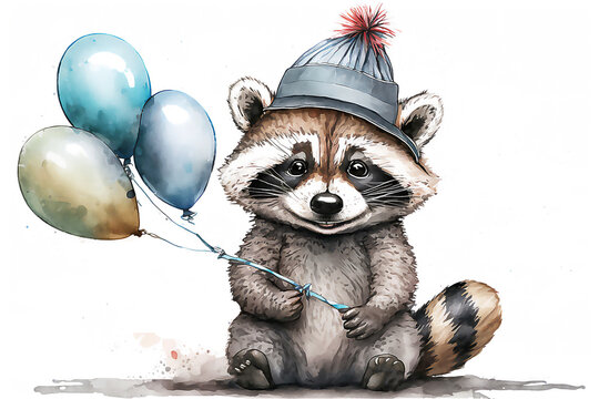 Happy Baby raccoon with balloons. Happy Birthday. Holiday concept, watercolor illustration. post processed AI generated image
