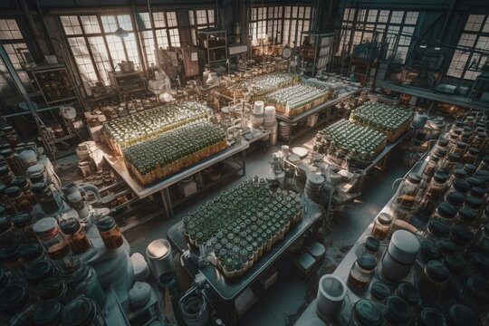 Top view of organic cosmetics factory using natural ingredients like grapeseed oil. Generative AI