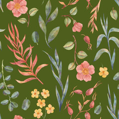 floral seamless pattern, watercolor drawing plants at green background , hand drawn botanical illustration