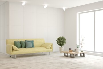 White living room with sofa. Scandinavian interior design. 3D illustration