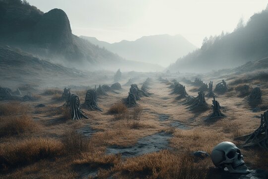Eerie skeletons traverse misty, desolate terrain. Futuristic, mystifying landscape in 3D rendering. Generative AI