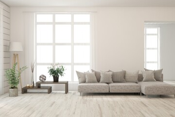 White scandinavian interior design with sofa. 3D illustration
