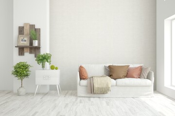 White living room with sofa. Scandinavian interior design. 3D illustration