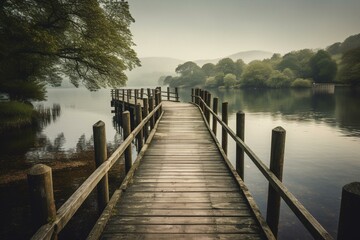 A charming wooden pier at Monk Coniston on the north shore of Coniston Water in the Lake District National Park. Generative AI