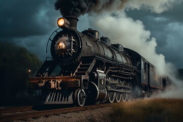 Naklejka premium A classic locomotive painting with billowing smoke and steam. Generative AI