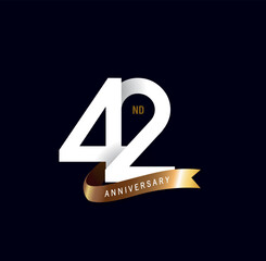 42 years anniversary vector number icon, birthday logo label, black and white with gold ribbon