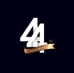 44 years anniversary vector number icon, birthday logo label, black and white with gold ribbon