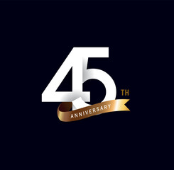 45 years anniversary vector number icon, birthday logo label, black and white with gold ribbon