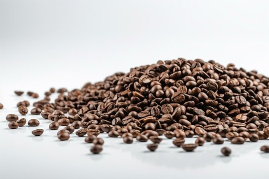 A heap of coffee beans surrounded by a white border on a white background and all edges. Generative AI