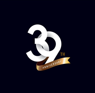 39 years anniversary vector number icon, birthday logo label, black and white with gold ribbon