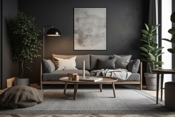 Minimal modern living room with focus on center frame for decoration or product promotion. Generative AI