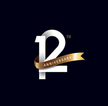12 years anniversary vector number icon, birthday logo label, black and white with gold ribbon