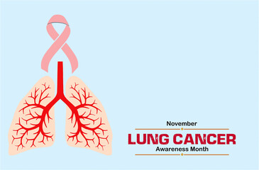  Lung cancer awareness month November, with lungs and ribbon.  Blank space to add text. Suitable for pharmaceutical and marketing medicines.