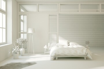 Grey lbedroom concept. Scandinavian interior design. 3D illustration