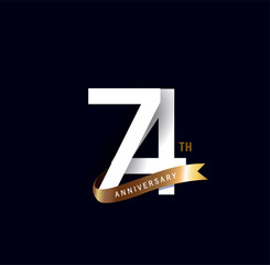 74 years anniversary vector number icon, birthday logo label, black and white with gold ribbon