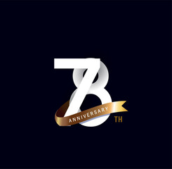 78 years anniversary vector number icon, birthday logo label, black and white with gold ribbon